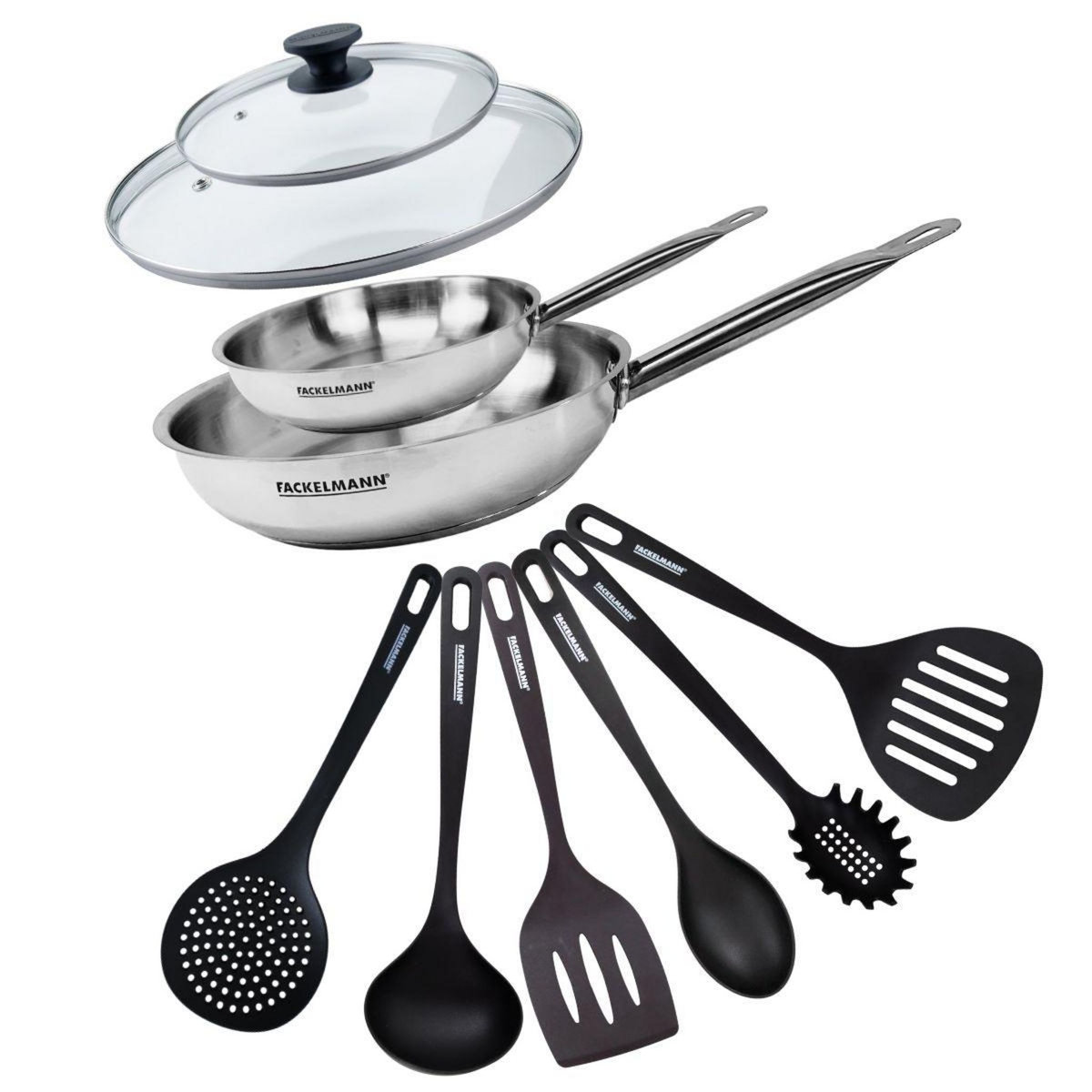 Fackelmann Set de 2 poêles de 20 et 28 cm en inox, 2 couvercles en verre et 6 ustensiles Fackelmann Eterna