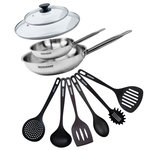 Fackelmann Set de 2 poêles de 20 et 28 cm en inox, 2 couvercles en verre et 6 ustensiles Fackelmann Eterna