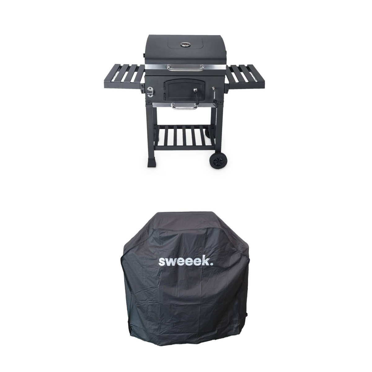 SWEEEK Barbecue Grill charbon de bois noir - Fumoir avec récupérateur de cendres. aérateurs. bac charbon ajustable et tablettes rabattables + Housse en PVC