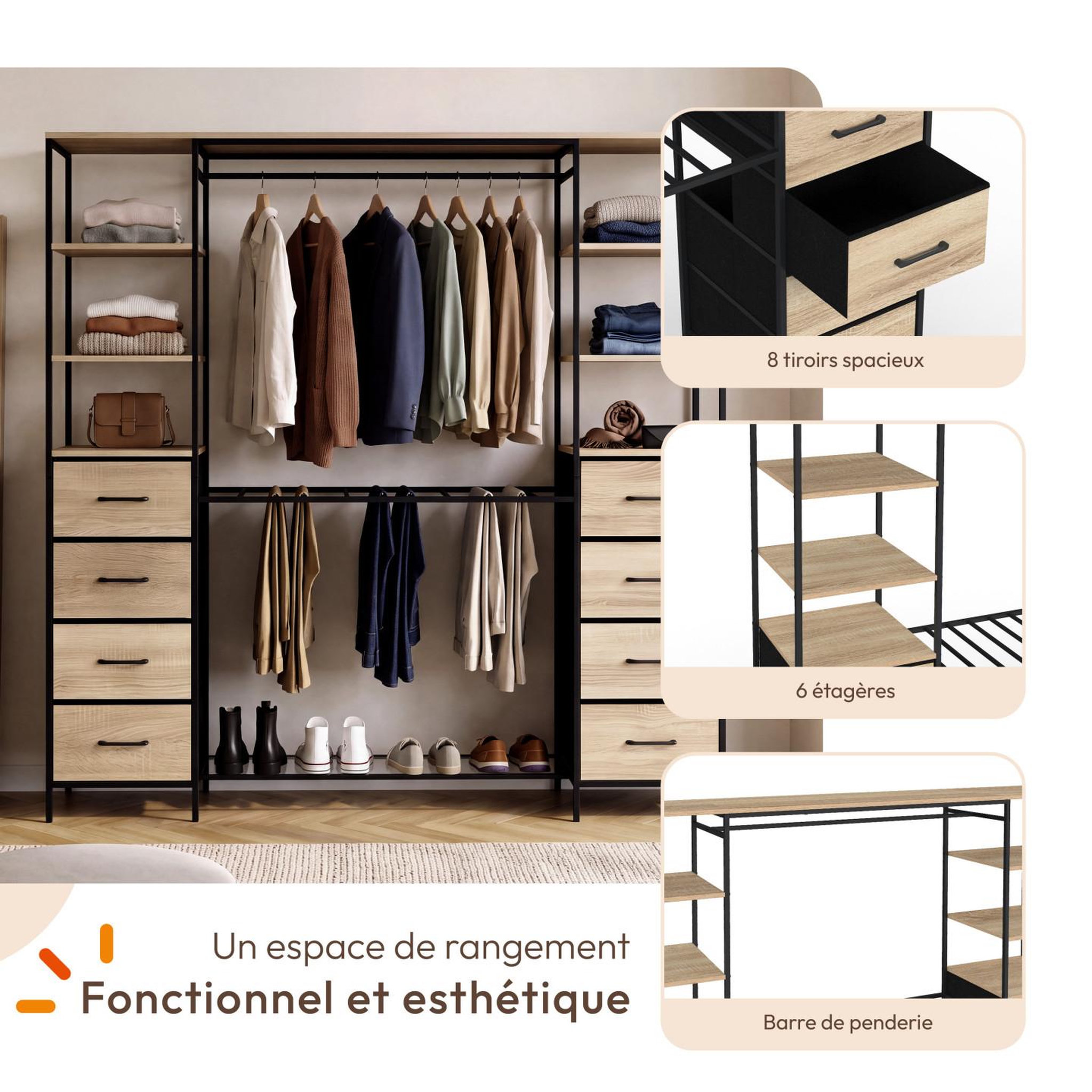 Voir la diapositive 3 : ID MARKET Dressing double xxl utah 180 cm avec porte pantalons, étagères, bacs en tissu et porte chaussures bois et noir