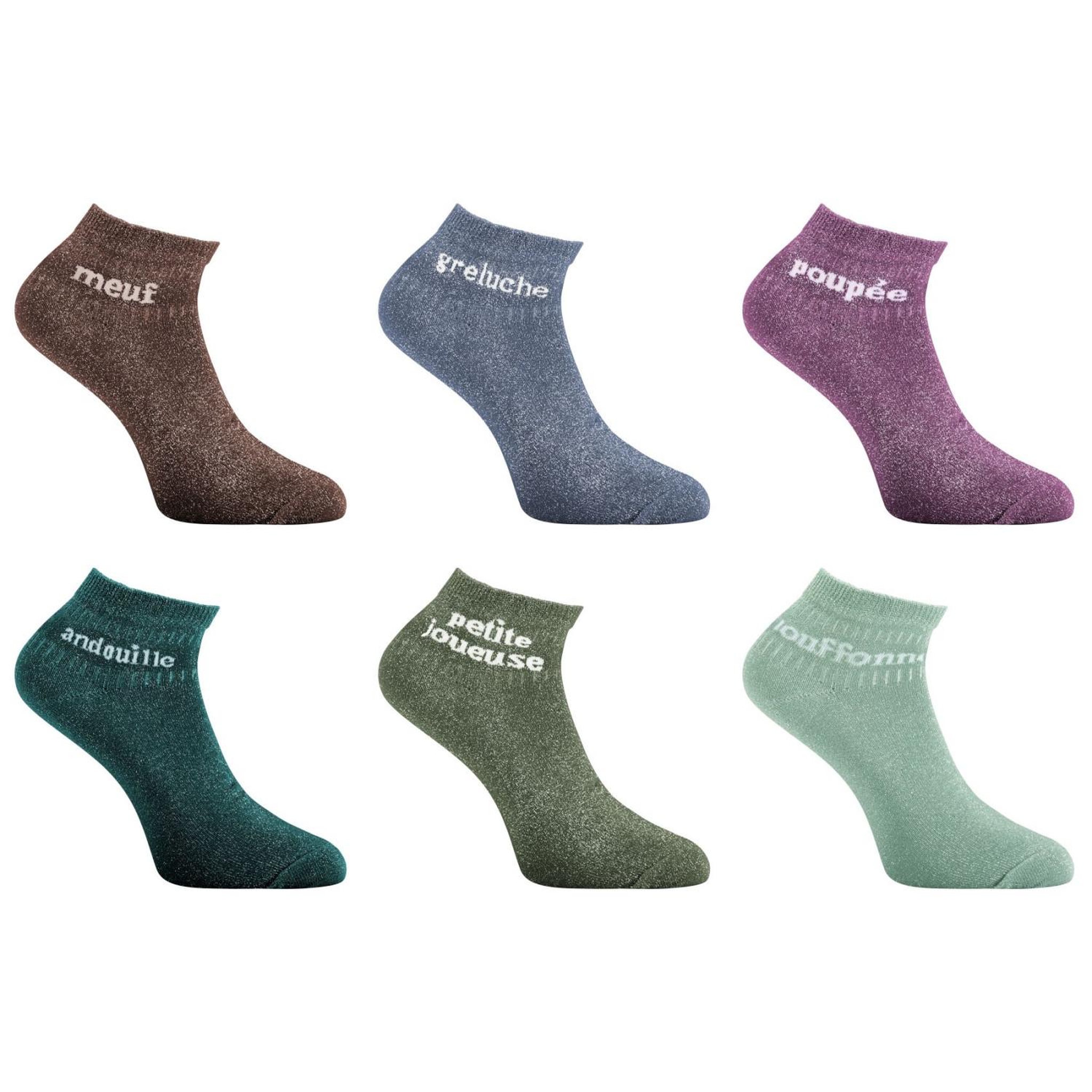 TWINDAY Lot de 6 paires de chaussettes mi-hautes femme à paillettes meuf. Coloris disponibles : Violet
