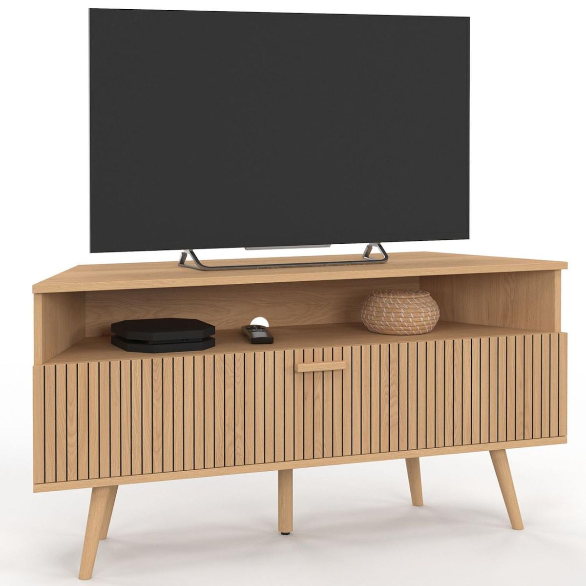 ID MARKET Meuble TV 110 cm d'angle JULIETTE  1 porte effet lattes coloris chêne
