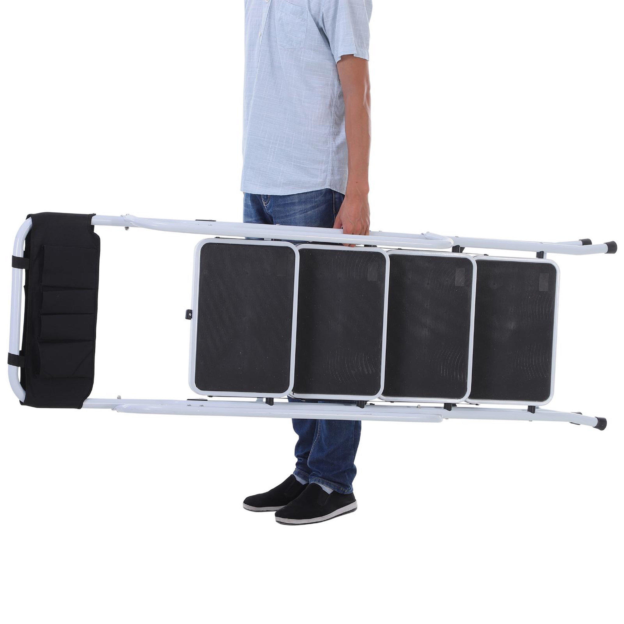 Voir la diapositive 4 : HOMCOM HOMCOM Escabeau pliable 4 marches XL antidérapantes double garde corps hauteur max. 1,55 m charge max. 150 Kg pochette outils intégrée acier blanc noir