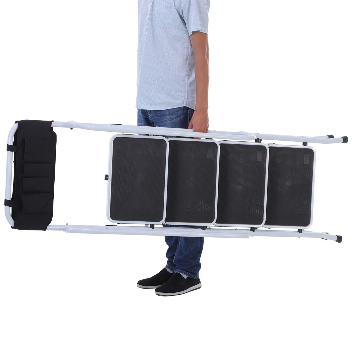 HOMCOM HOMCOM Escabeau pliable 4 marches XL antidérapantes double garde corps hauteur max. 1,55 m charge max. 150 Kg pochette outils intégrée acier blanc noir