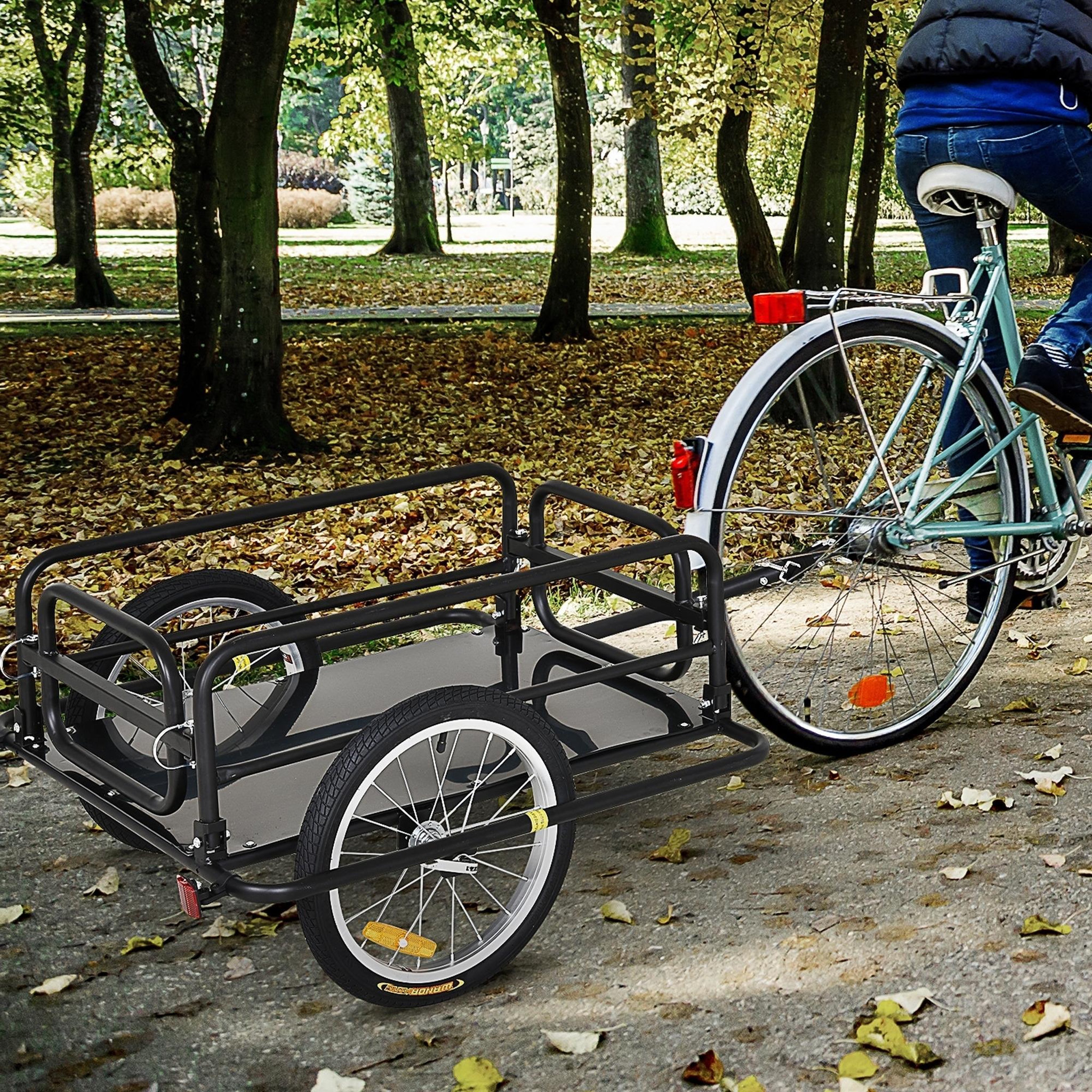 Voir la diapositive 2 : HOMCOM Remorque vélo remorque de transport pour vélo pliable 70l 139l x 71,5l x 49h cm barre d'attelage universelle acier noir