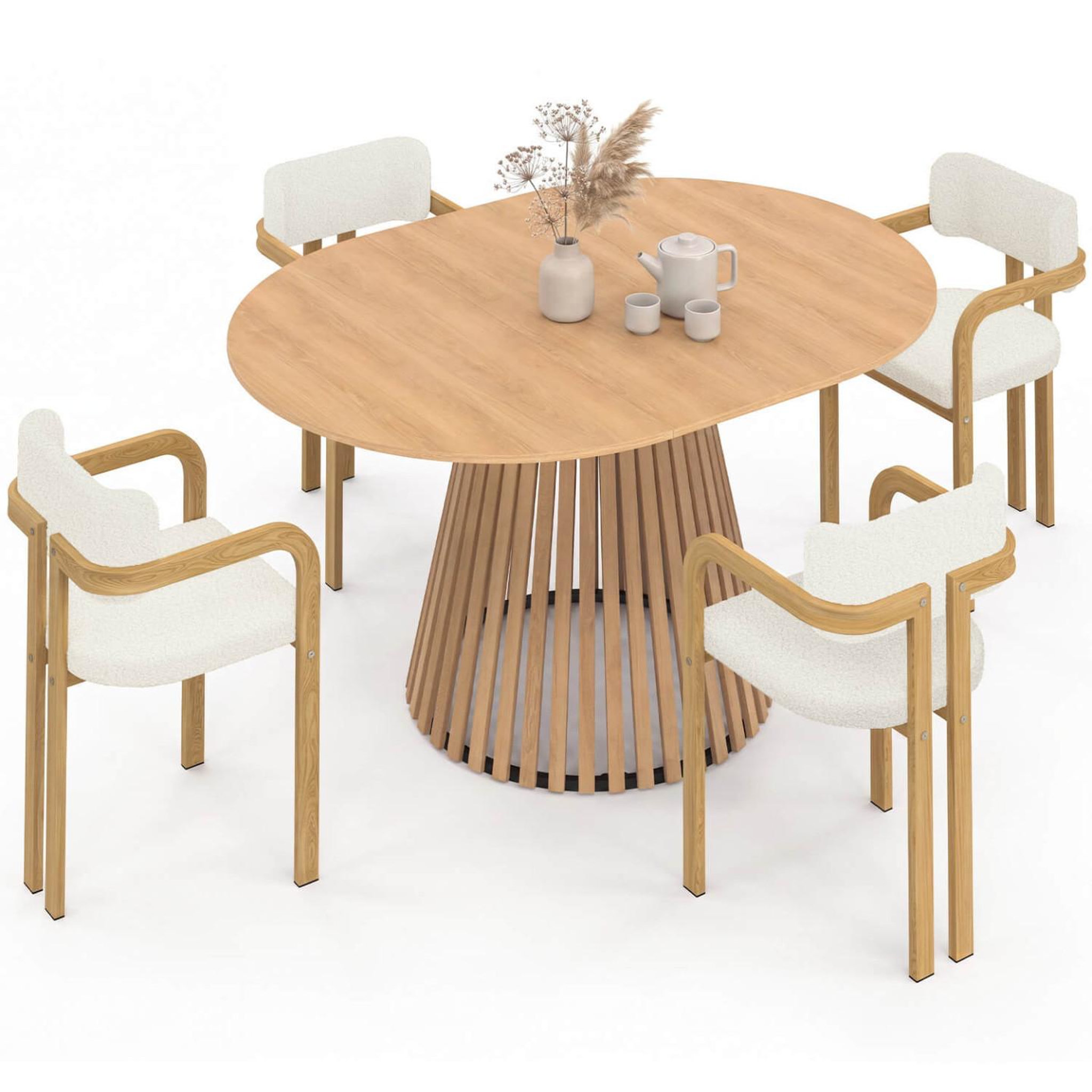 ID MARKET Ensemble table à manger extensible ronde carmen 4-8 personnes pied lattes 110 - 150 cm et 4 chaises esma effet bois et bouclette