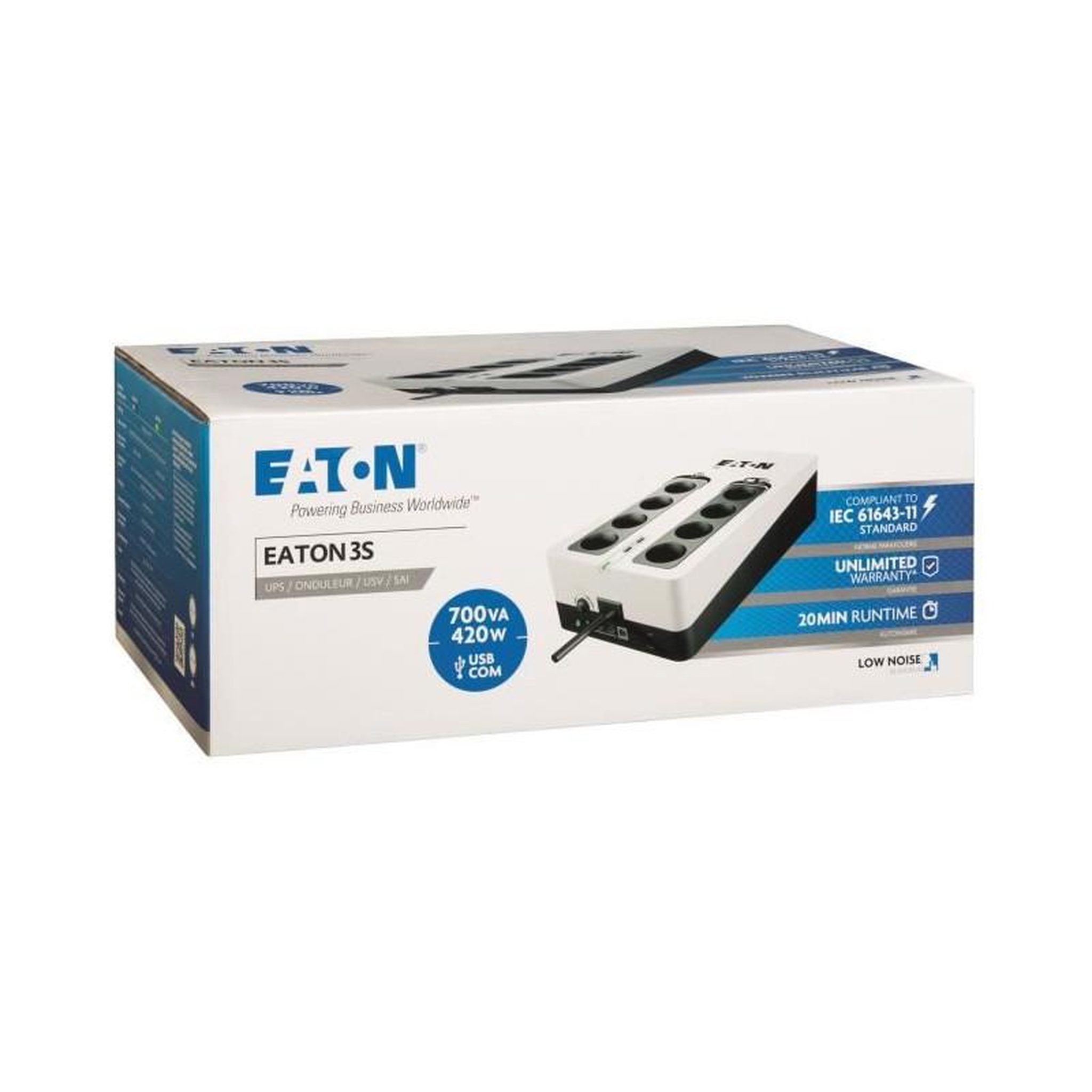 Voir la diapositive 3 : Eaton Onduleur Eaton 3S 700 FR - Off-line UPS - 3S700F - 700VA 8 prises francaises Noir/Blanc