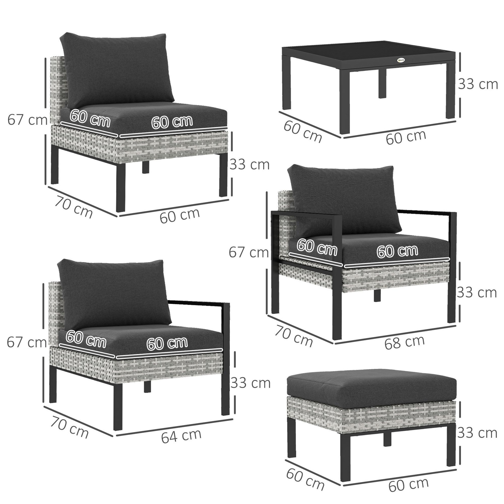 Voir la diapositive 3 : OUTSUNNY Ensemble salon de jardin 5 places 4 pièces coussins anthracite métal époxy noir résine tressée 2 fils gris