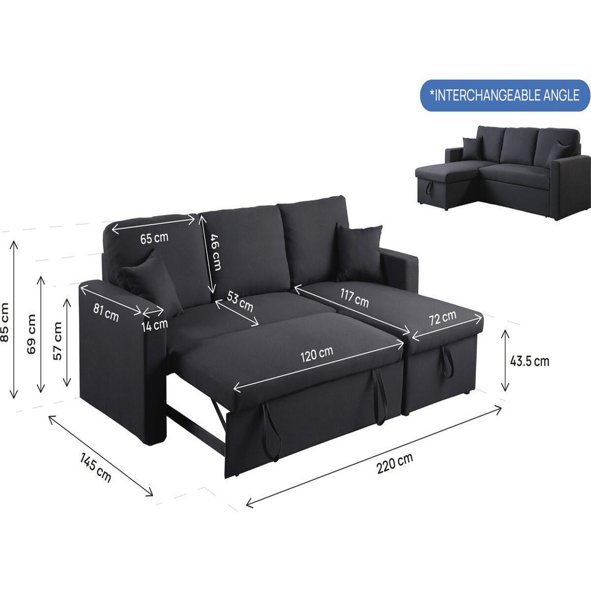 Voir la diapositive 3 : Habitat et Jardin Canapé d'angle convertible/ réversible  Alain  - 221 x 145 x 85 cm - 3 places - Noir