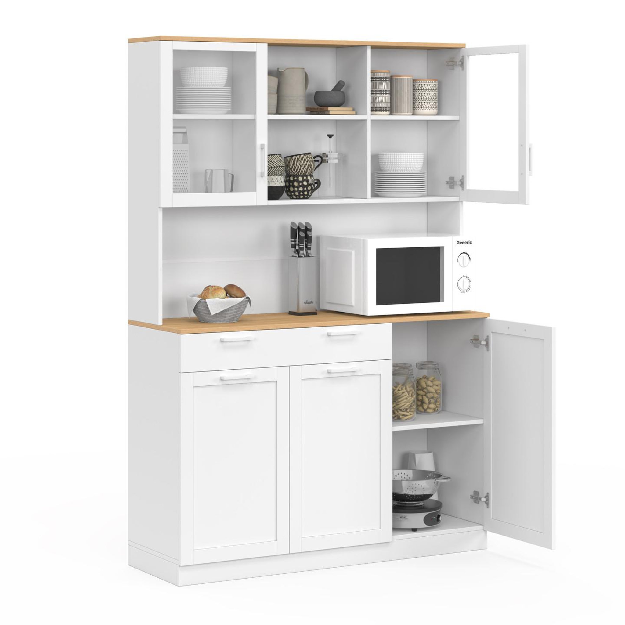 Voir la diapositive 4 : ID MARKET Buffet de cuisine vitré 120 cm vito 5 portes + 1 tiroir blanc et plateau façon hêtre
