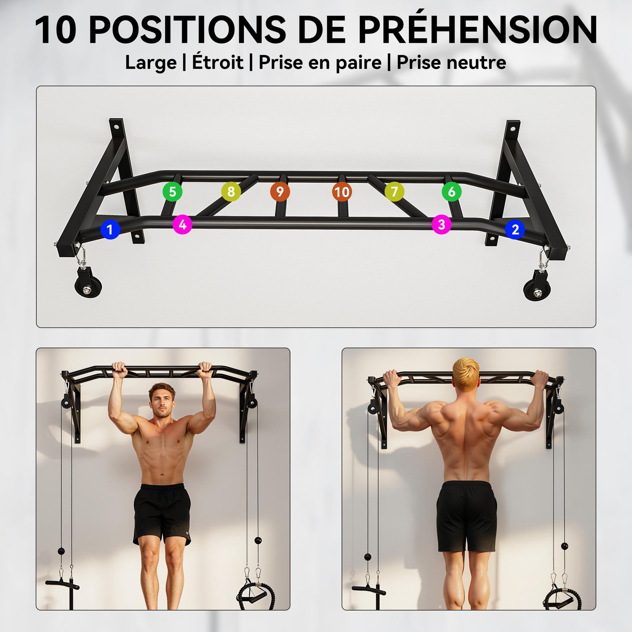 Voir la diapositive 5 : HOMCOM Barre de traction murale multi-prise avec accessoires et kit complet installation max. 200 kg acier noir