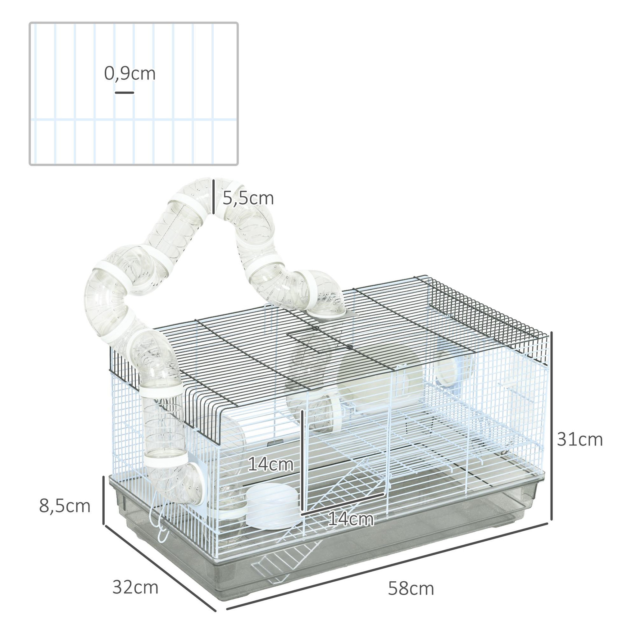 Voir la diapositive 3 : PAWHUT Cage rongeur hamster - tunnel, poignée, accessoires - plastique acier gris blanc