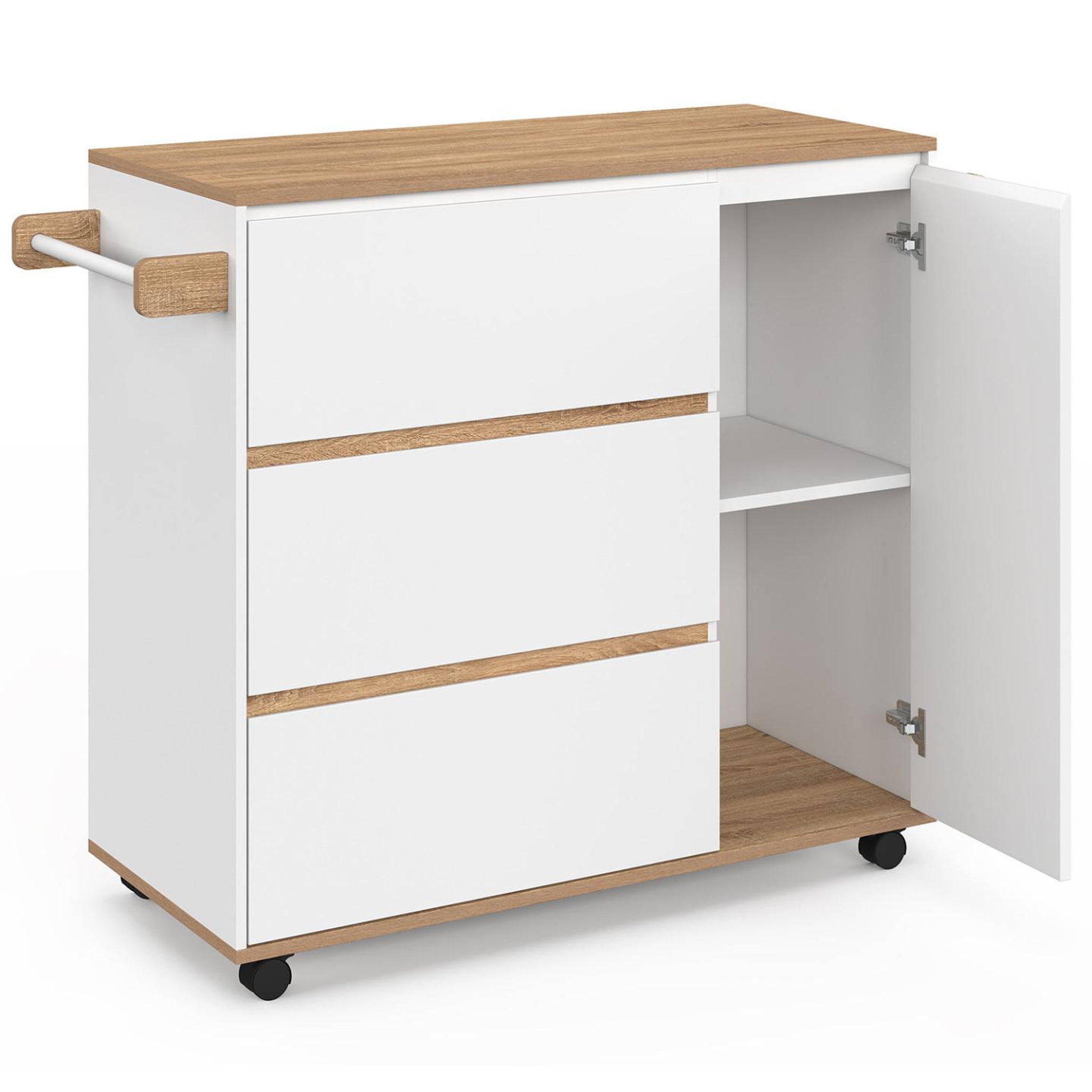 Voir la diapositive 4 : ID MARKET Desserte de cuisine comi xxl avec 3 tiroirs casserolier et placard blanc et plateau façon hêtre l. 90 cm