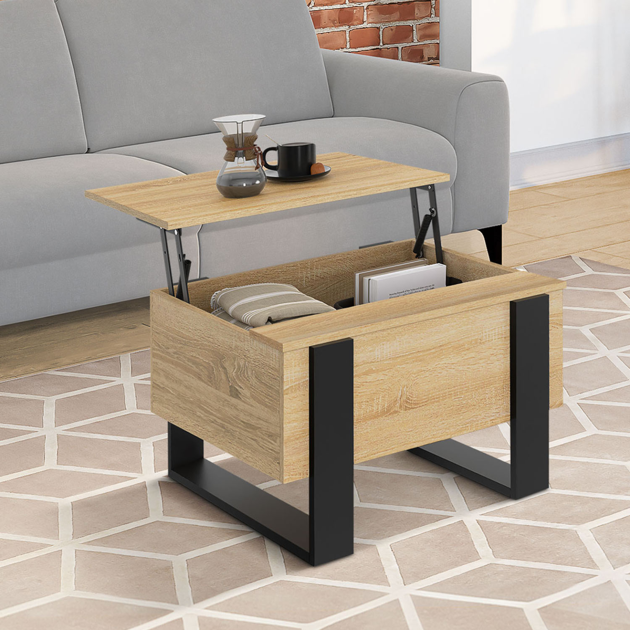 Voir la diapositive 2 : ID MARKET Table basse carrée plateau relevable 70 cm phoenix bois et noir