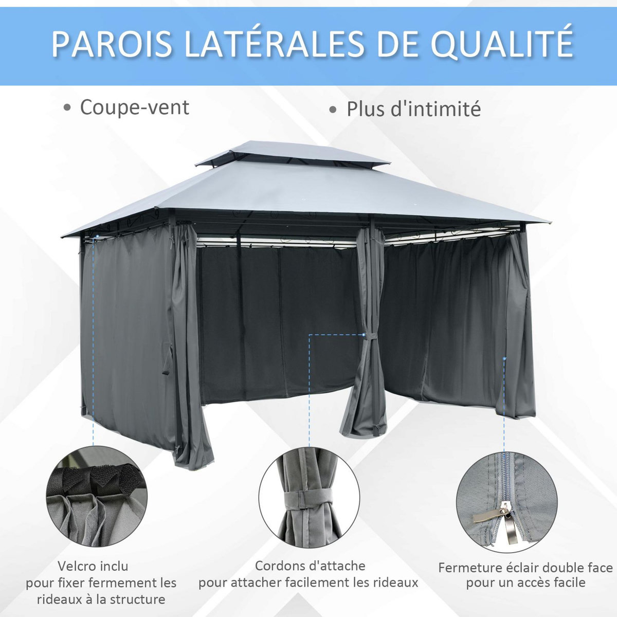OUTSUNNY Tonnelle barnum pavillon de jardin style colonial double toit toiles latérales amovibles 3L x 4l x 2,65H m gris