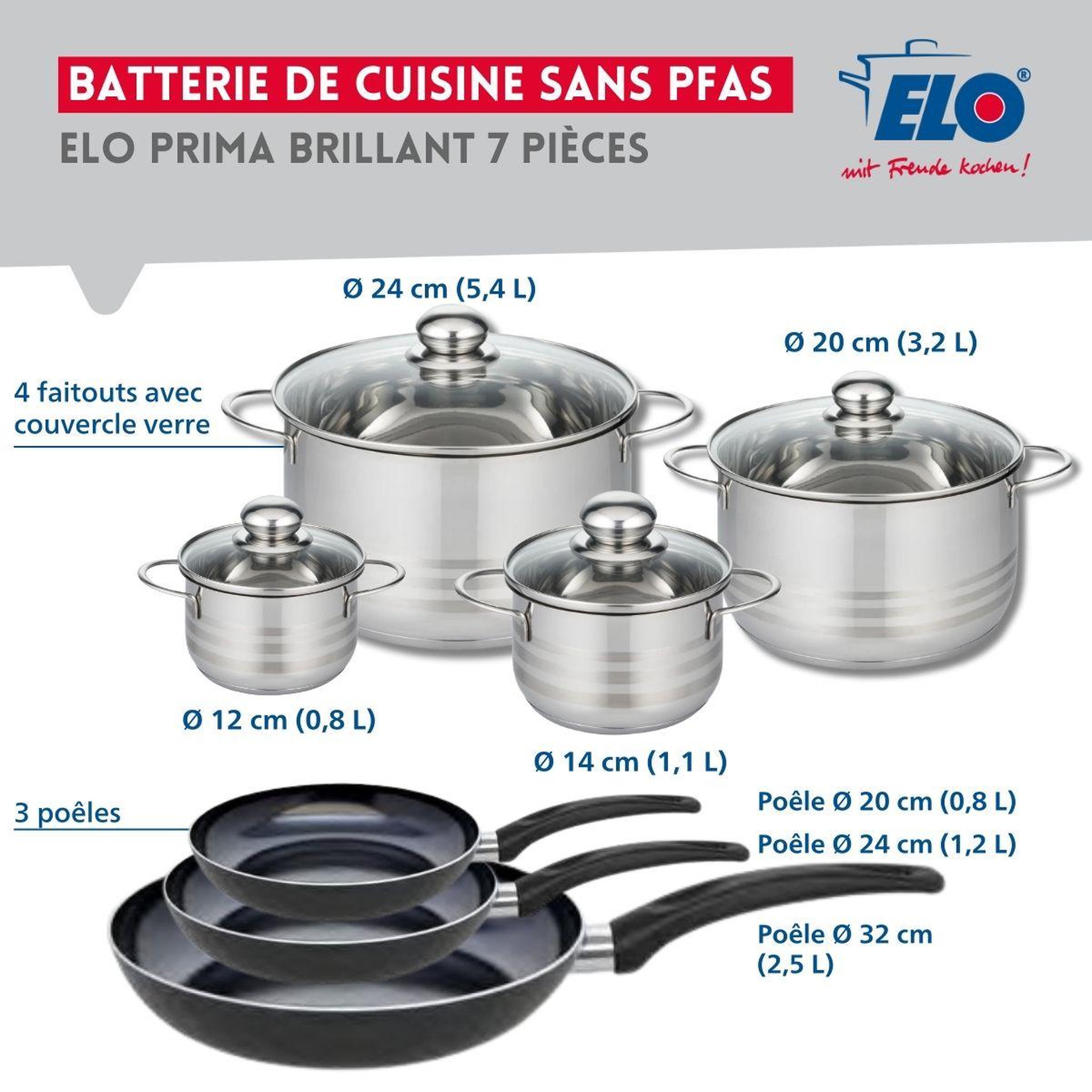 Voir la diapositive 2 : ELO Ensemble de 3 poêles de cuisson 20, 24 et 32 cm et 4 faitouts 12, 14, 20 et 24 cm elo prima brillant