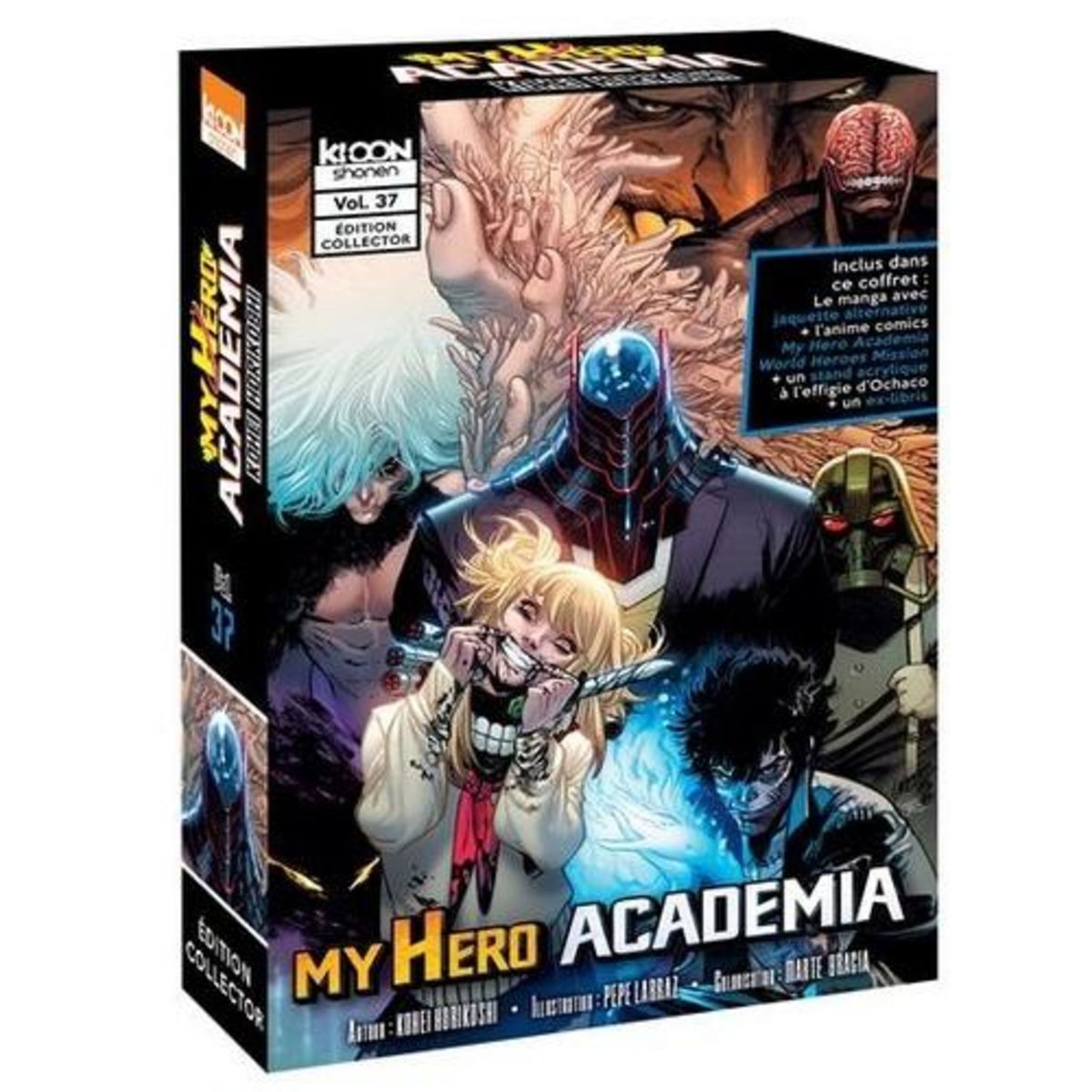 MY HERO ACADEMIA TOME 37 : DEFENSEURS ET ATTAQUANTS. COFFRET AVEC JAQUETTE ALTERNATIVE, MY HERO ACADEMIA WORLD HEROES MISSION, 1 STAND ACRYLIQUE, 1 EX-LIBRIS, EDITION COLLECTOR, Horikoshi Kohei
