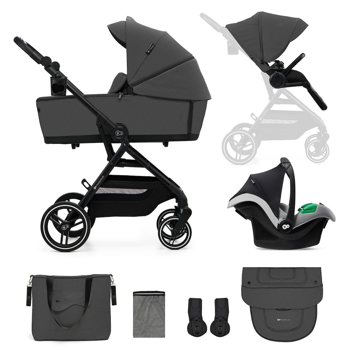KINDERKRAFT Poussette 2 en 1 avec nacelle YOXI, roues anti-crevaison et accessoires