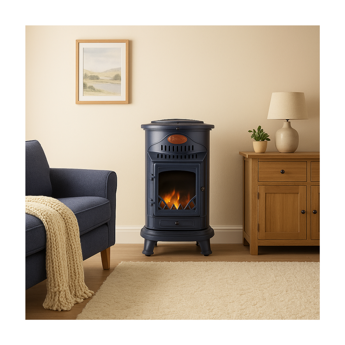 SAHARA Poêle à gaz 3,4KW Fonte Véritable – Chauffage d'appoint Design Bleu Marine - Effet feu de bois, mobile sur roues Provence Sahara