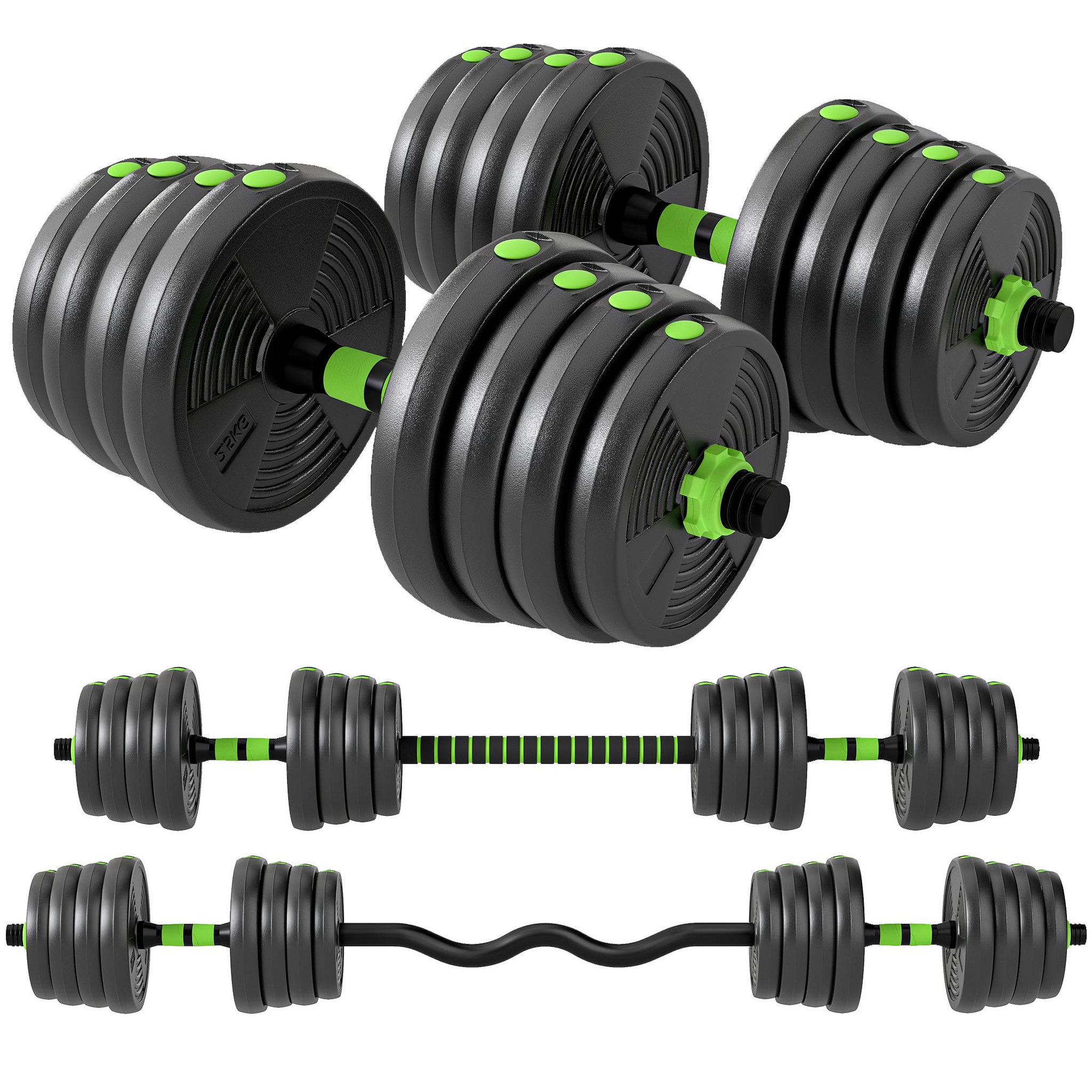 Voir la diapositive 5 : HOMCOM Ensemble d'haltères musculation multifonction 3 en 1 - haltères, olympic barre, curl ez barre - total 30kg - pvc vert noir