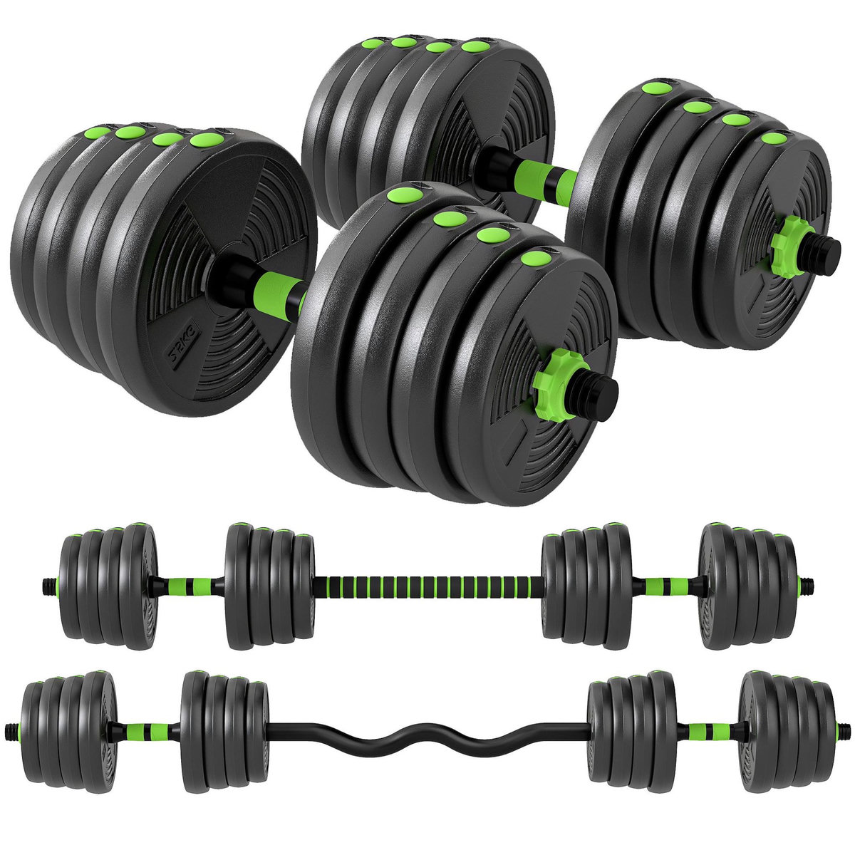 HOMCOM Ensemble d'haltères musculation multifonction 3 en 1 - haltères, Olympic barre, Curl EZ barre - total 30Kg - PVC vert noir