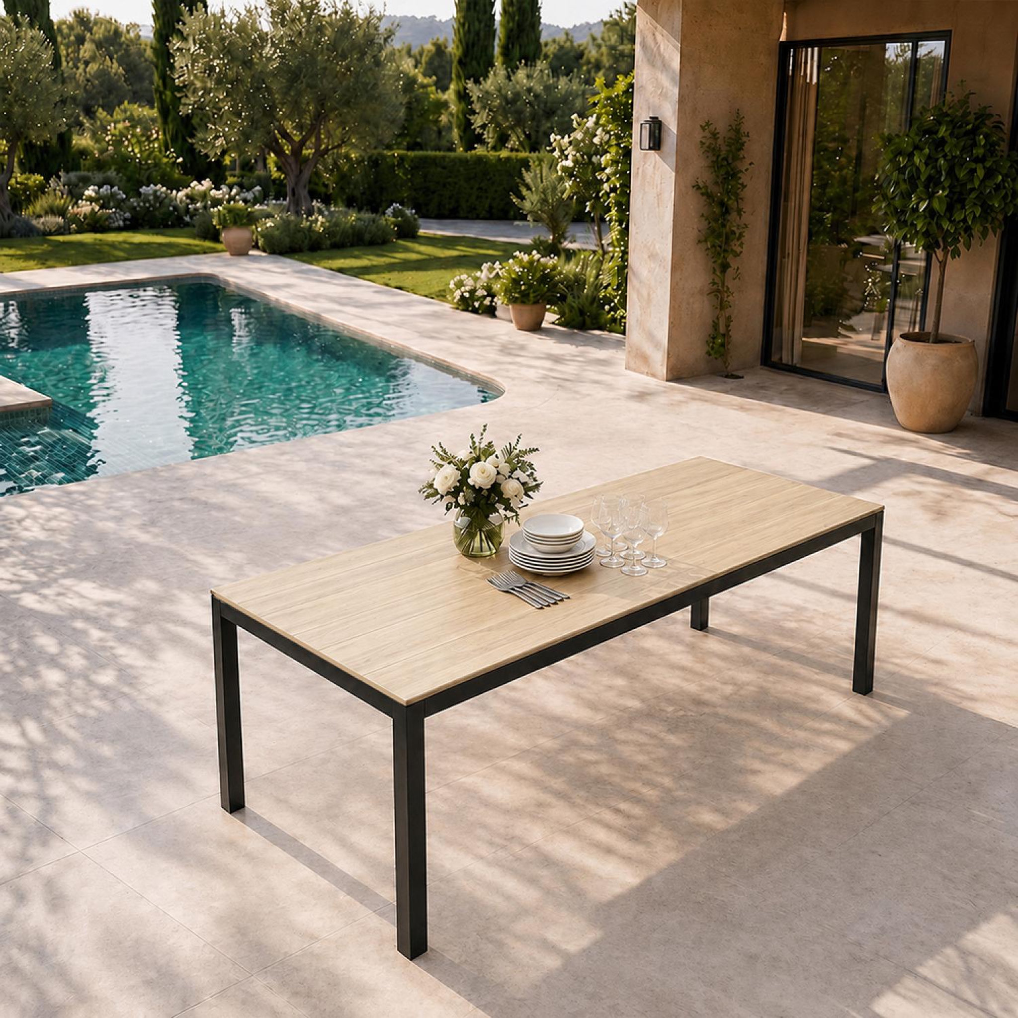 Voir la diapositive 4 : CONCEPT USINE Table de jardin 190cm 8 personnes avec plateau en verre trempé effet bois brisbane