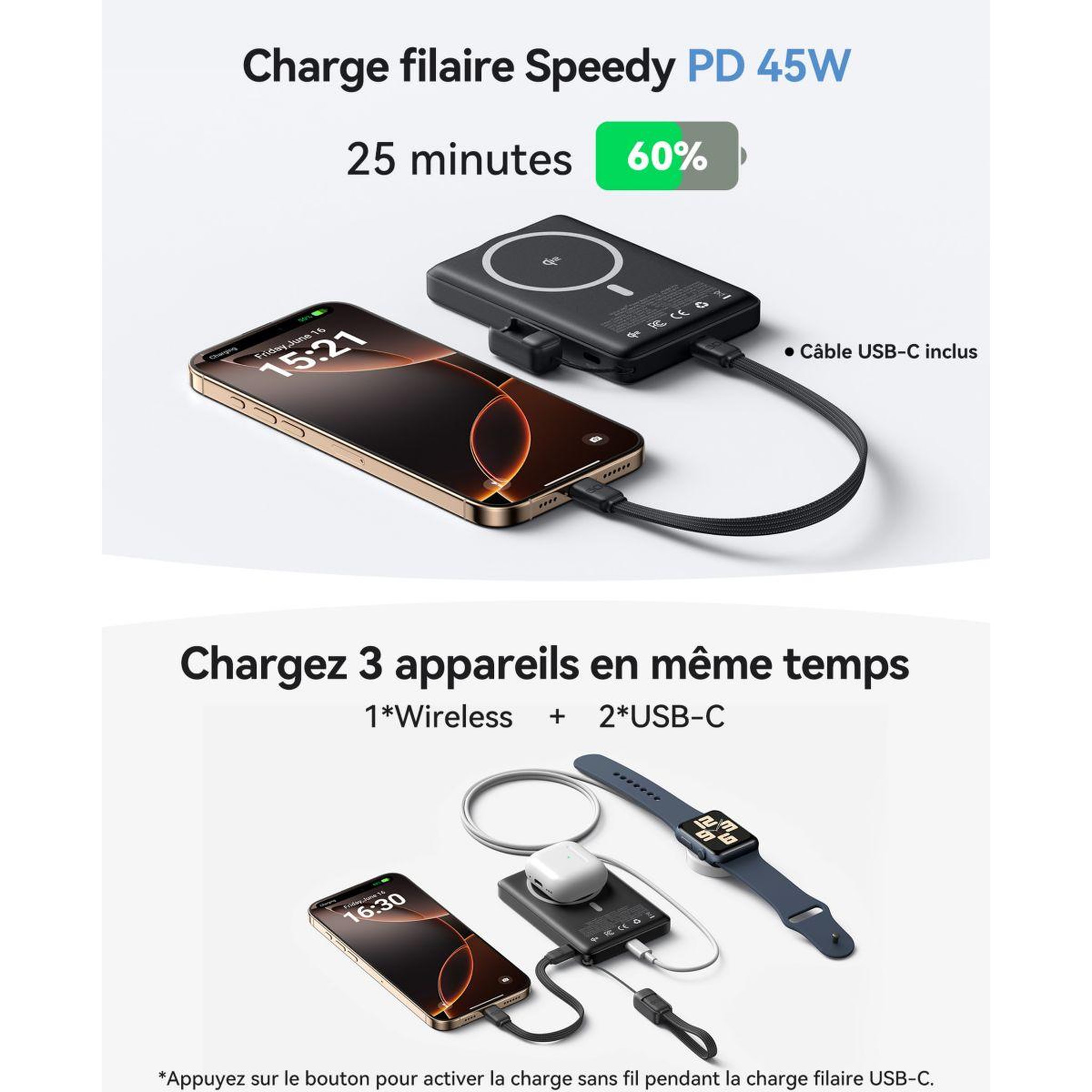 Voir la diapositive 4 : INIU Batterie externe 10 000 mAh MagPro slim noir