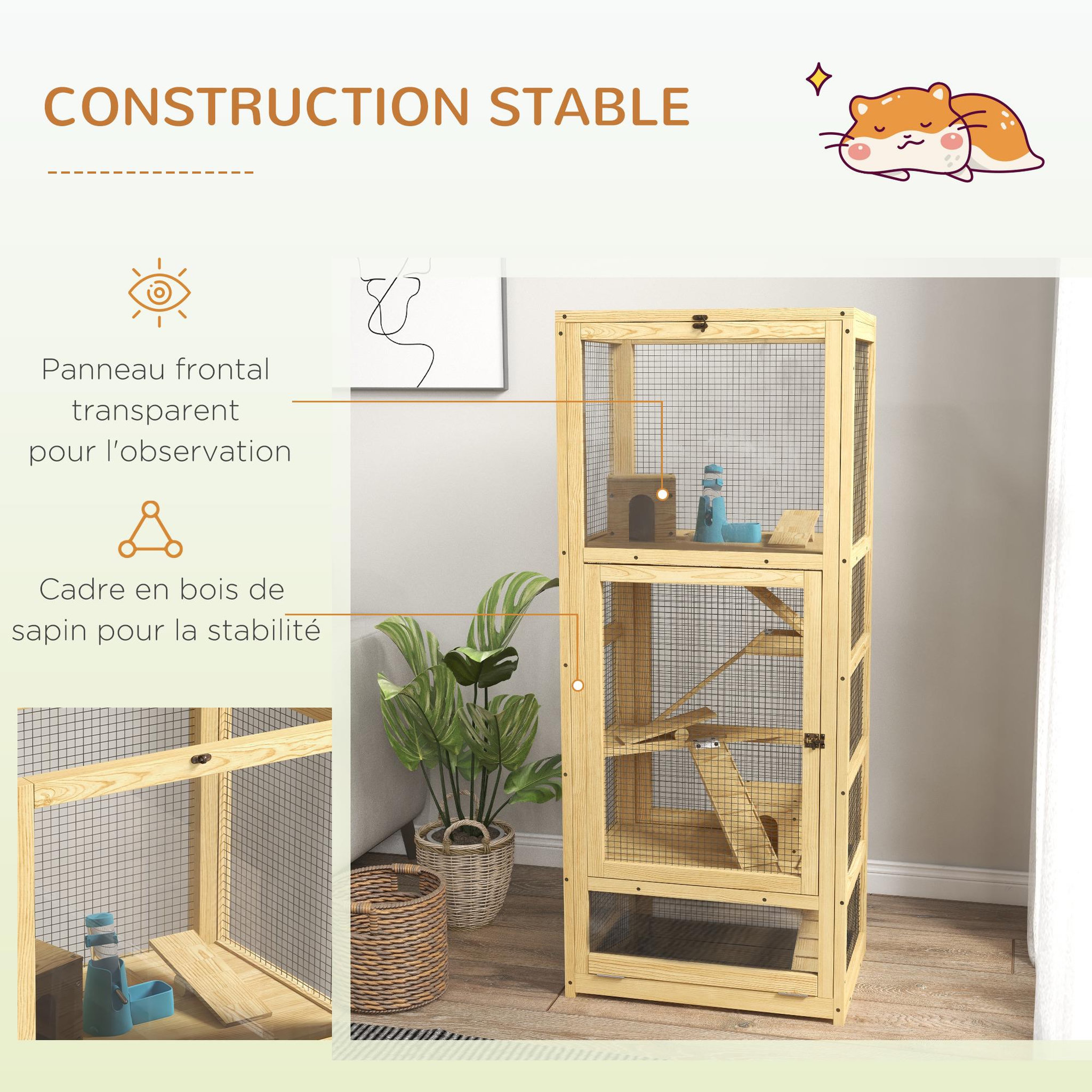 Voir la diapositive 6 : PAWHUT Cage pour rongeurs petits animaux en bois 5 niveaux - échelle, niche, balançoire, plateau amovible, abreuvoir