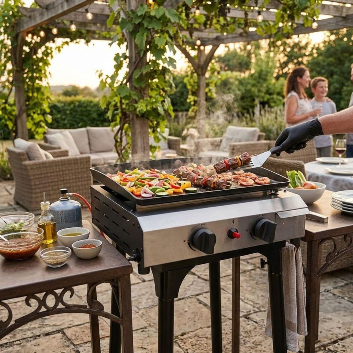 INTEC Plancha à gaz 4800W modulable 3 Hauteurs 2 Bruleurs Allumage Piezo - Plaque de cuisson Céramique 42x36cm INTEC