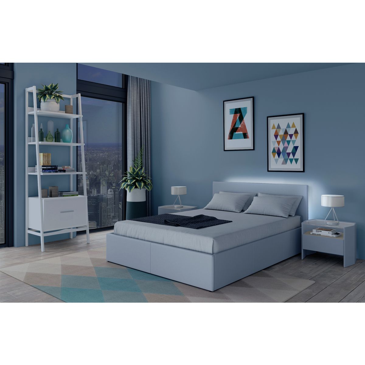 Lit coffre 140x190 cm avec sommier à lattes et tête de lit LED WILLOW