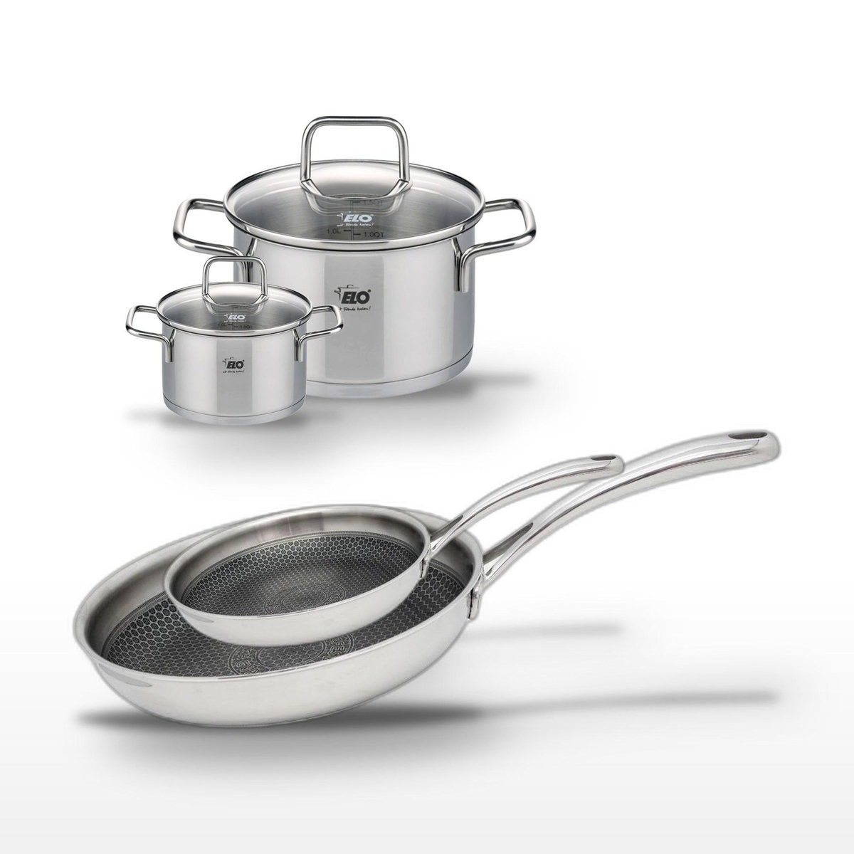ELO Lot Poêles 28cm & 24cm Elo Relief Evolution et Faitouts 12cm & 20cm