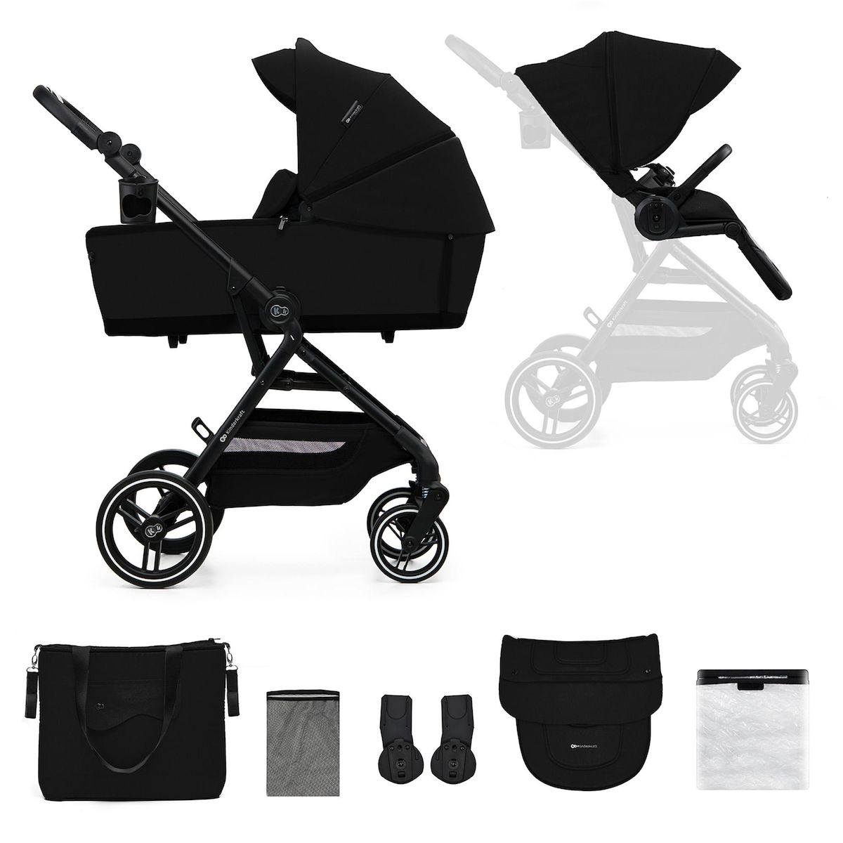 KINDERKRAFT Poussette 2 en 1 avec nacelle, roues anti-crevaison et accessoires