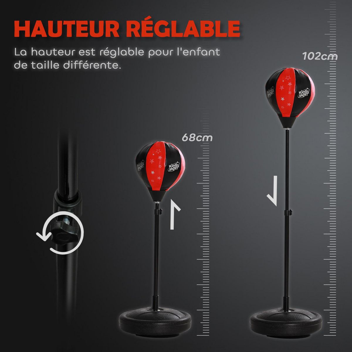 HOMCOM Punching ball enfant - sac de frappe enfant - hauteur réglable - base lestage, pompe, 2 gants inclus - rouge noir