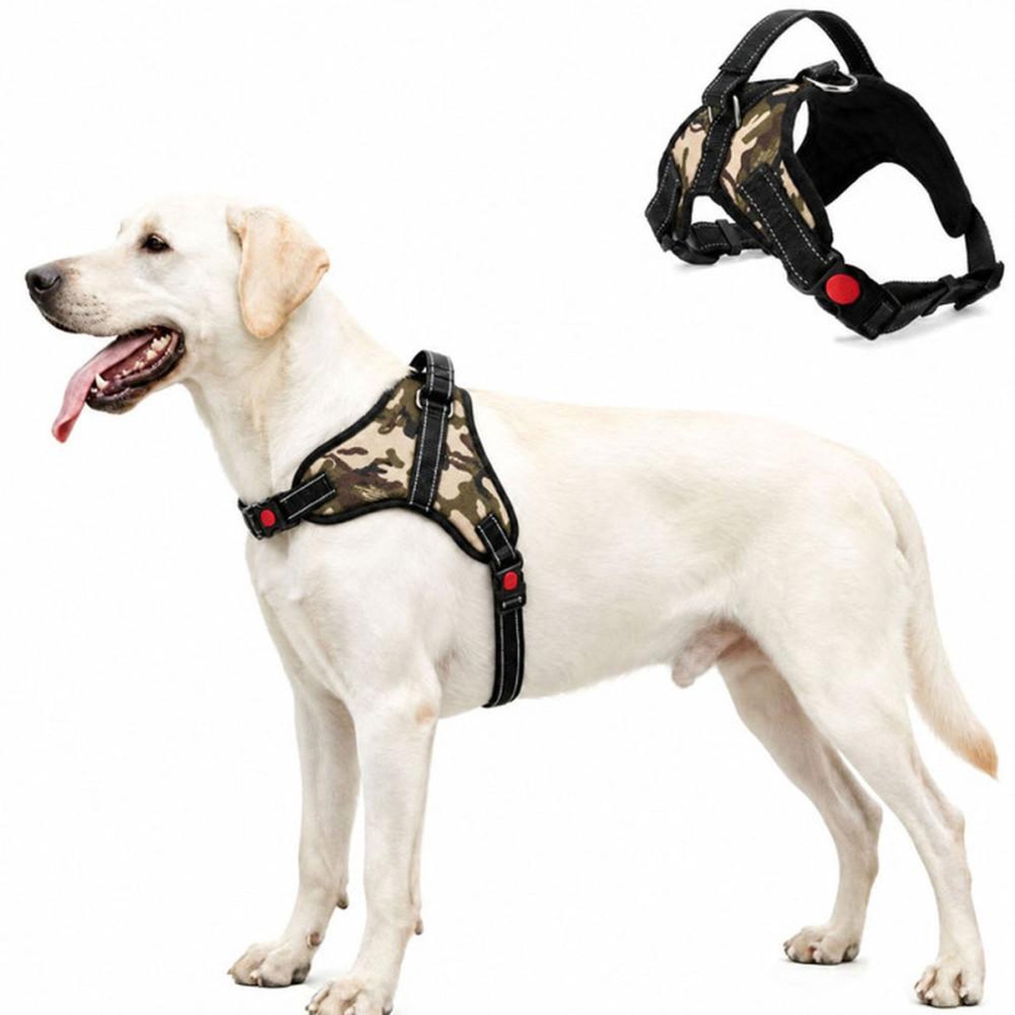 Harnais anti-traction pour chien camouf﻿lage noir taille L, tissu Oxford respirant, bretelles nylon réglables, bandes réfléchissantes, fermeture rapide verrouillable