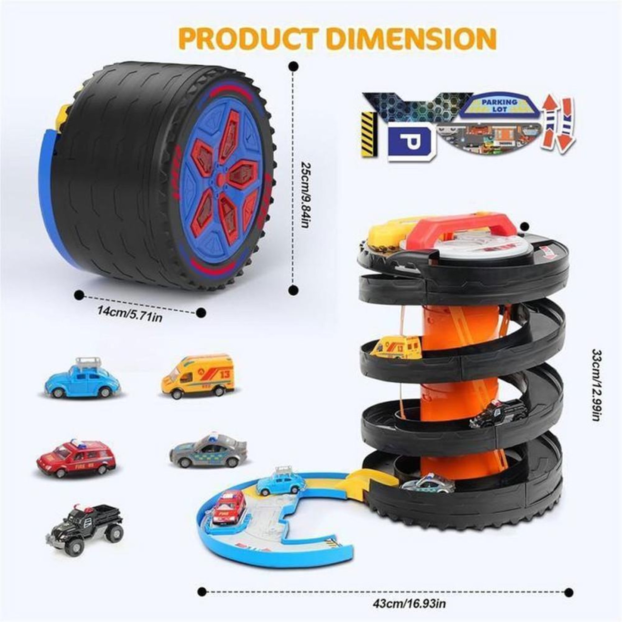 Voir la diapositive 5 : Circuit de course 2-en-1 pliable avec 5 mini voitures, boucle spirale/pancake, lumières et sons pour enfants dès 3 ans