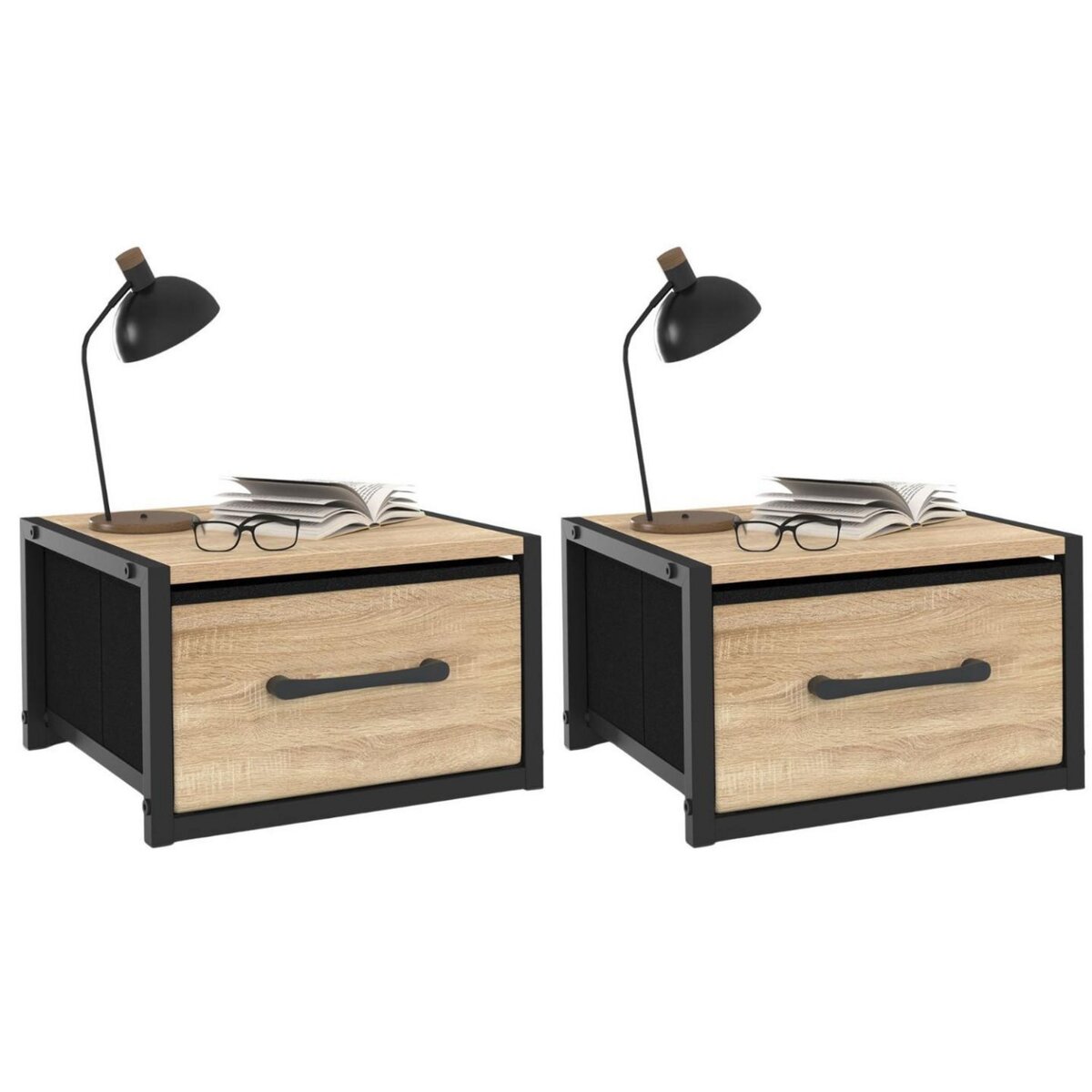 ID MARKET Lot de 2 tables de chevet murales tiroir en tissu UTAH design industriel