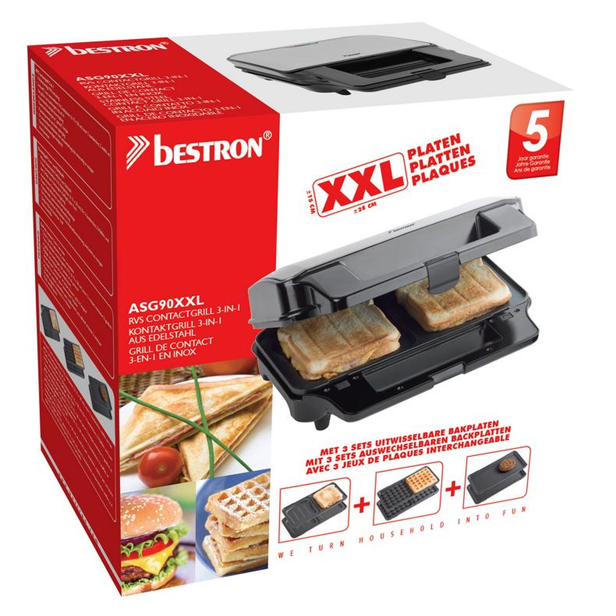 Voir la diapositive 5 : Bestron Croque-gaufre-gril 3en1 900w noir/inox - ASG90XXL