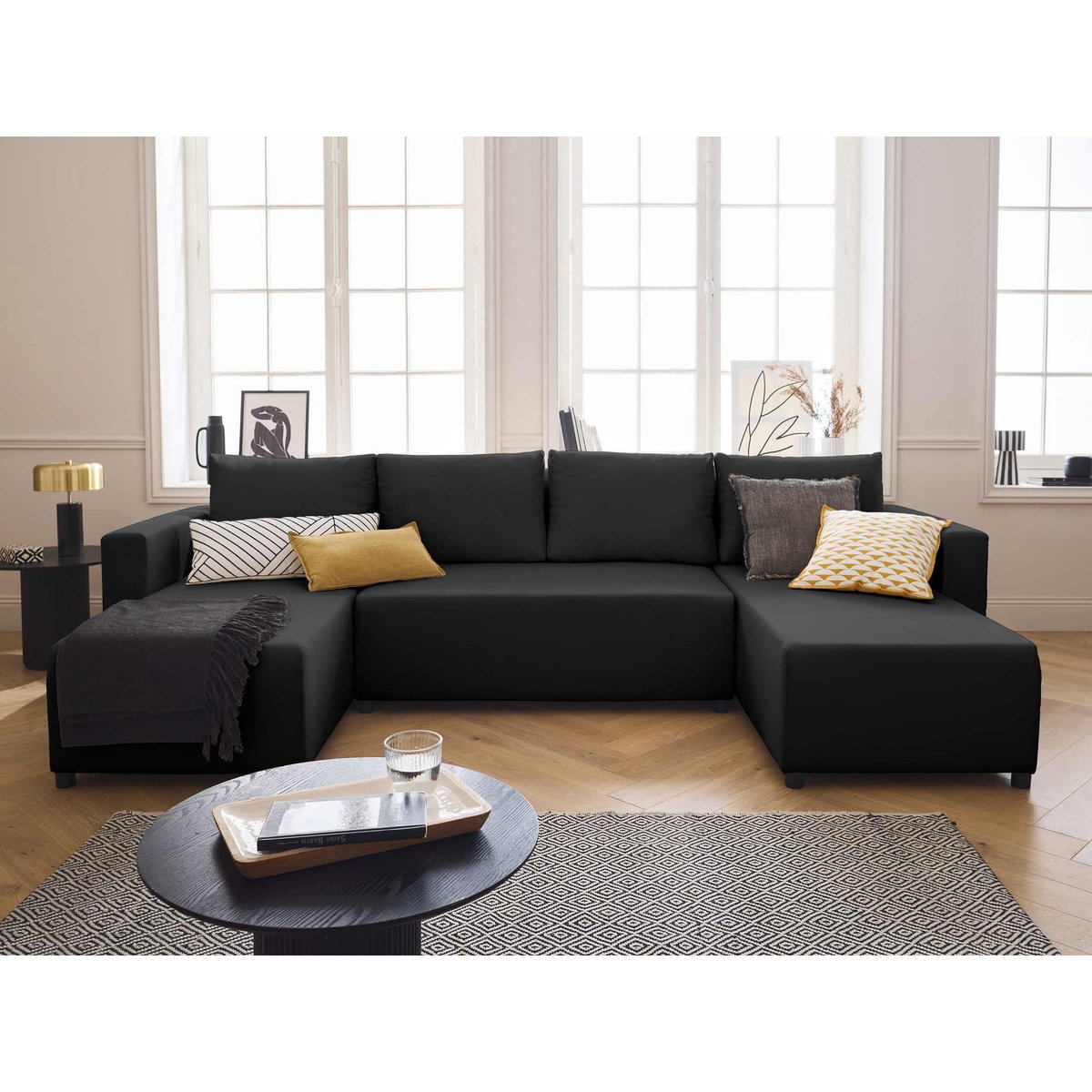 BEST MOBILIER Regala - canapé panoramique - 7 places - convertible avec coffre - en tissu