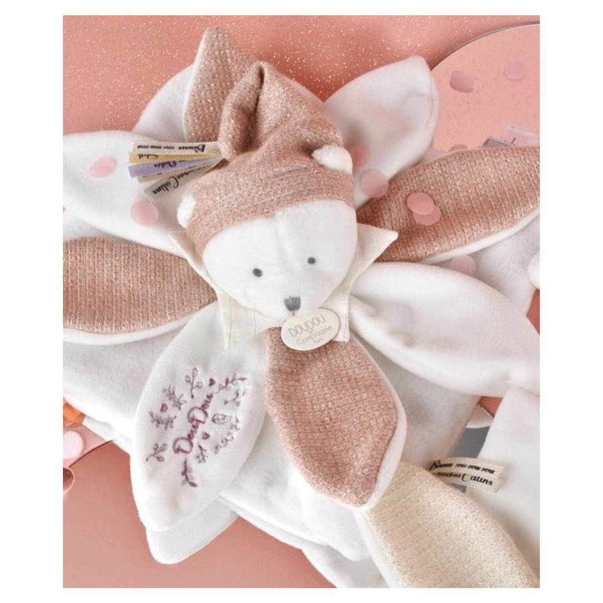 DOUDOU ET COMPAGNIE Doudou plat petales Ours Rose - 25 cm - Collection Anniversaire