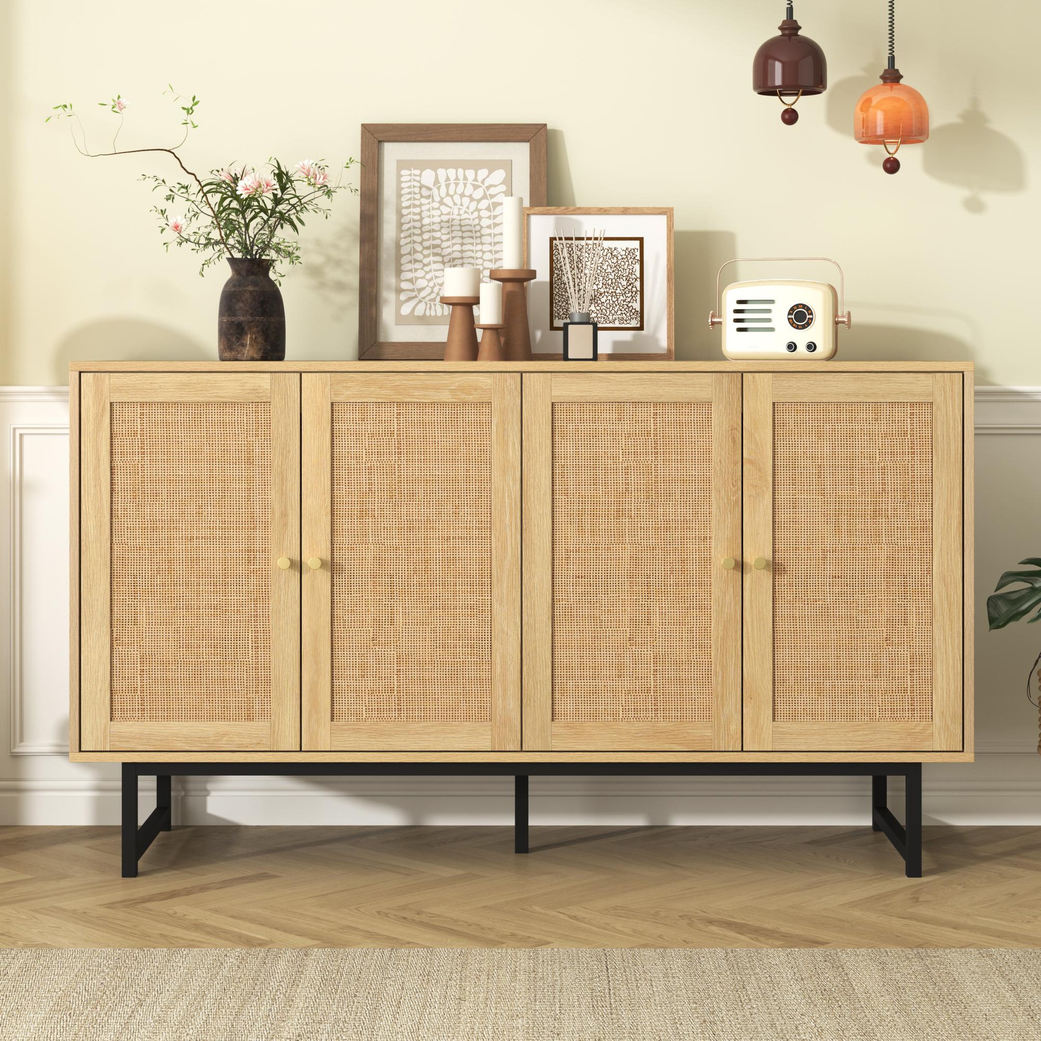 Voir la diapositive 2 : MERAX Buffet en panneaux de particules avec 4 portes en rotin,140x39,5x80cm,bois clair