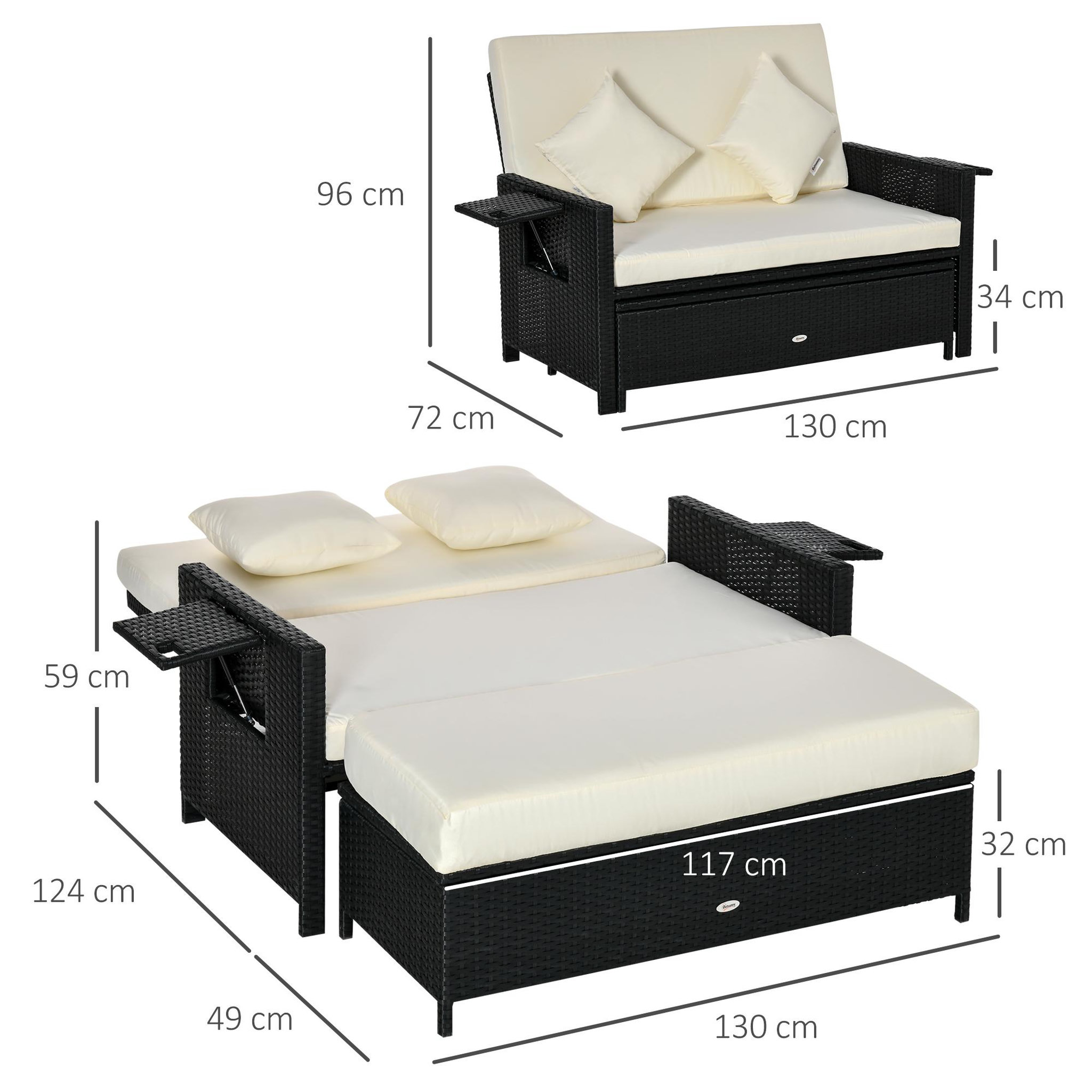 Voir la diapositive 3 : OUTSUNNY Ensemble de jardin 2 places : canapé dossier inclinable tablettes coffre matelas et coussins intégrées + repose-pieds résine tressée 4 fils noire polyester crème