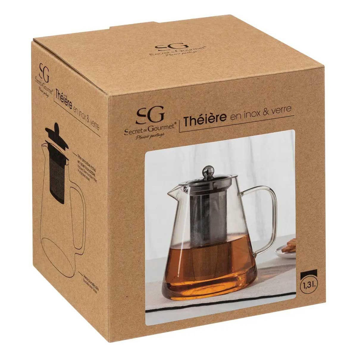 SECRET DE GOURMET Théière en Verre  Bec Verseur  1,3L Transparent