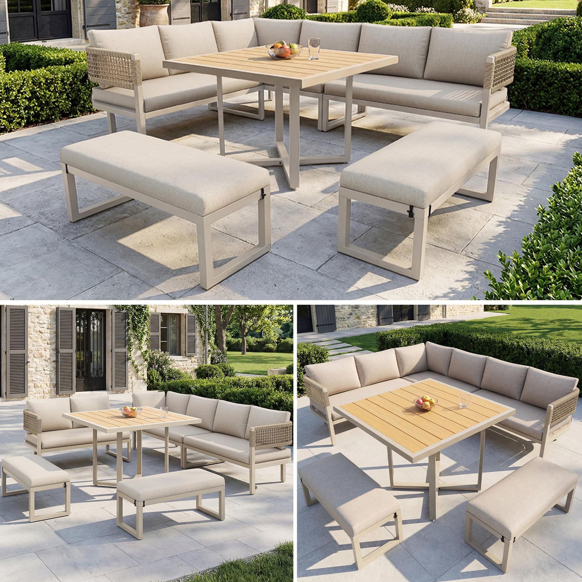 MERAX Salon de jardin repas 10 places en Métal avec canapé, grand table à manger et coussins, beige