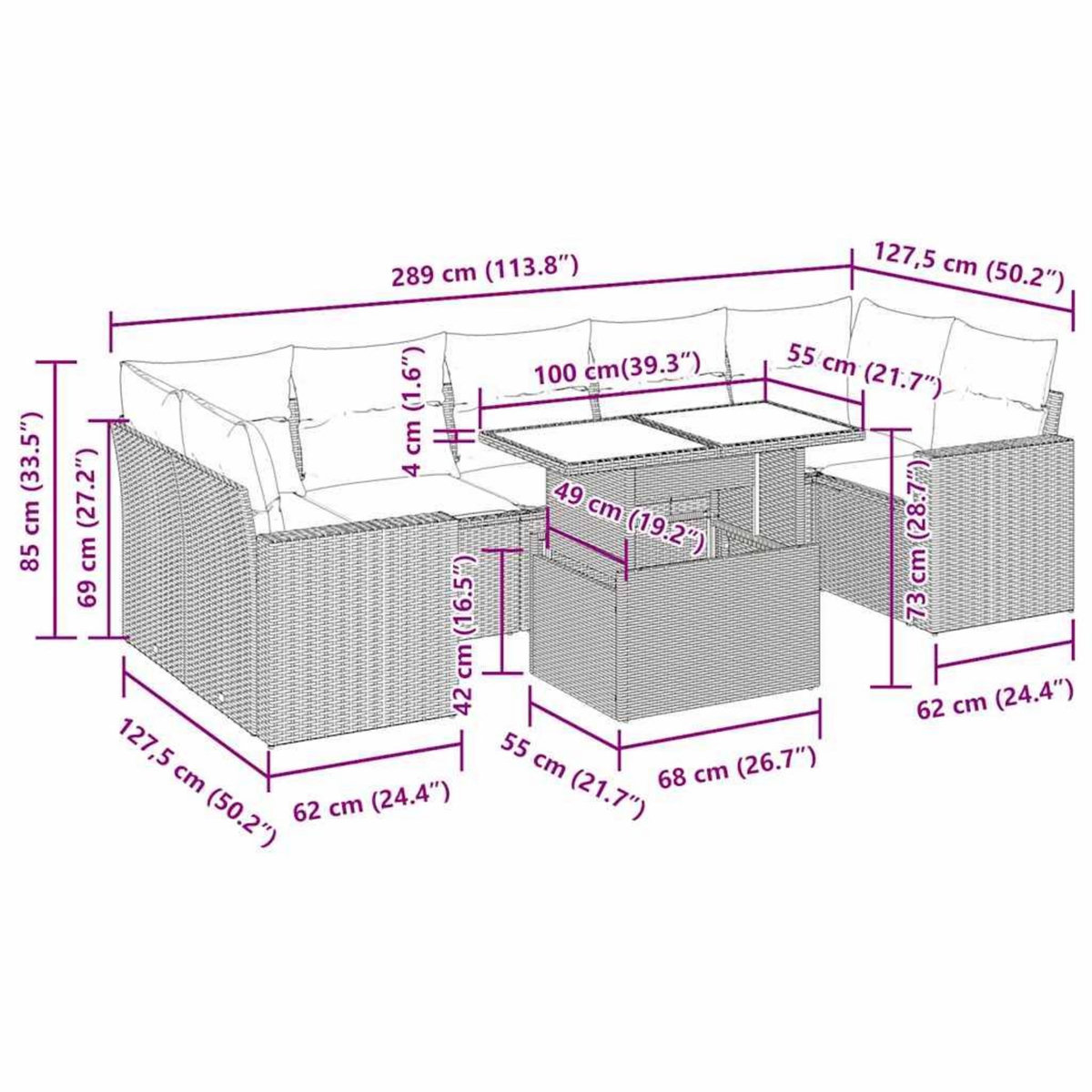 VIDAXL Salon de jardin 8 pcs avec coussins gris resine tressee