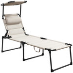 OUTSUNNY Bain de soleil transat inclinable pliable matelassé - pare-soleil, tétière - métal époxy noir tissu blanc cassé