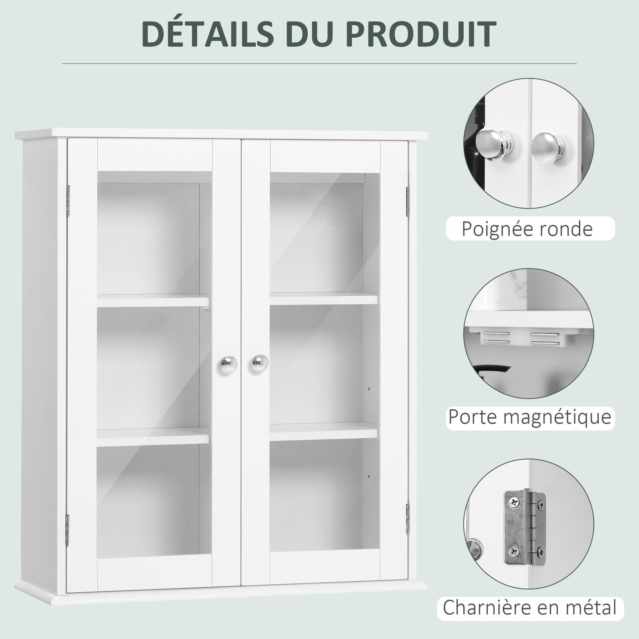 Voir la diapositive 6 : KLEANKIN Armoire murale salle de bain 2 portes vitrées 2 étagères 55 x 20 x 65 cm blanc