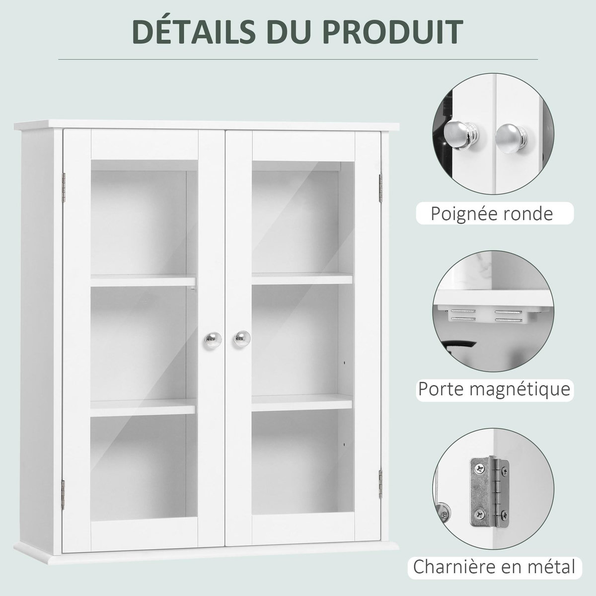 KLEANKIN Armoire murale salle de bain 2 portes vitrées 2 étagères 55 x 20 x 65 cm blanc