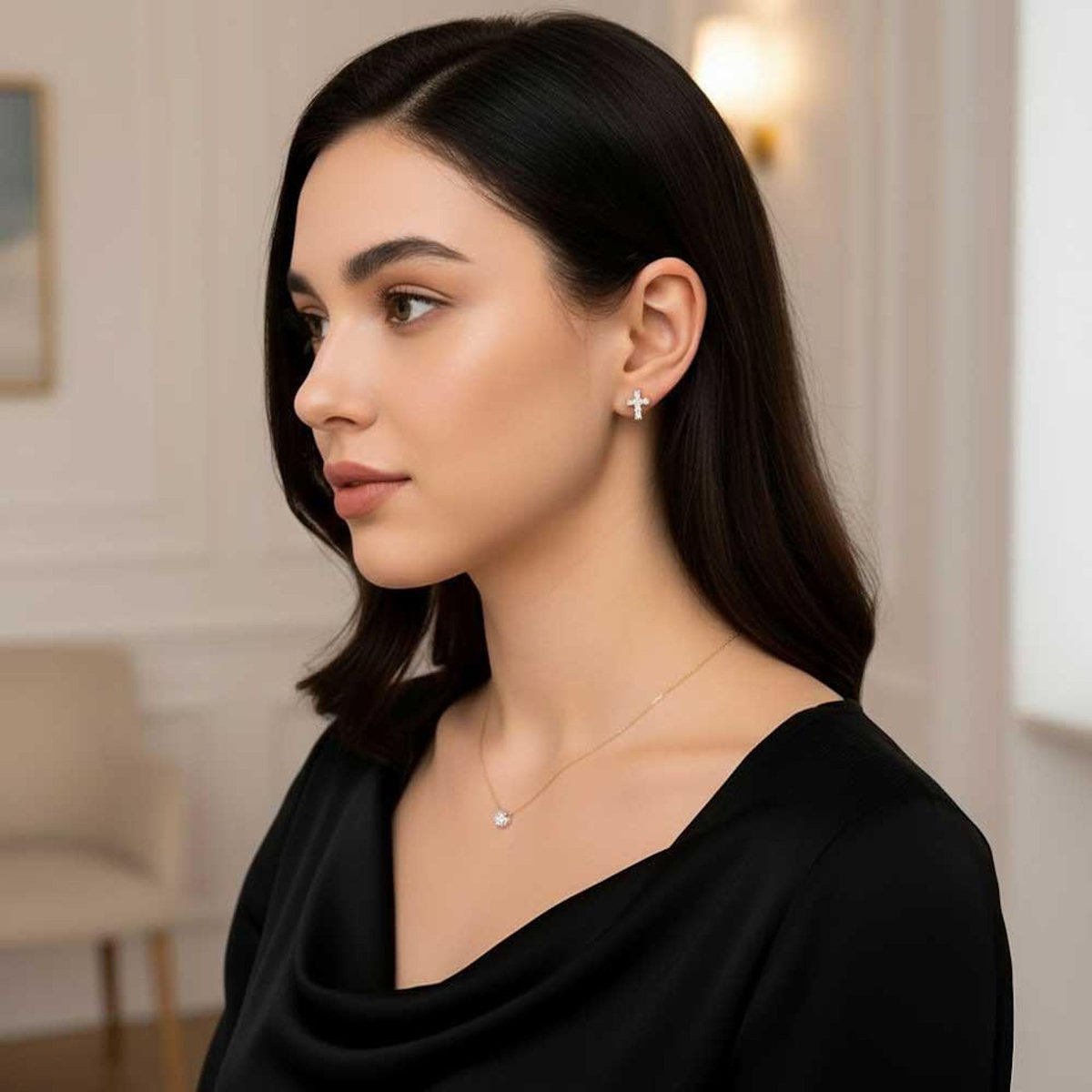 L'ATELIER D'AZUR Boucles d'Oreilles Argent 925/000 Rhodié - Croix Pavée de Zirconiums