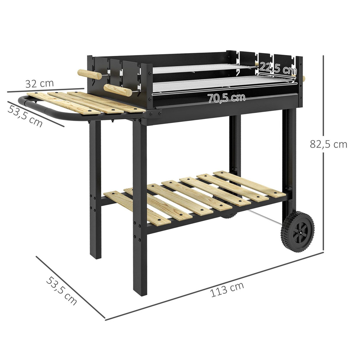 OUTSUNNY Barbecue à charbon sur pied double grille réglable 2 roues 2 étagères noir