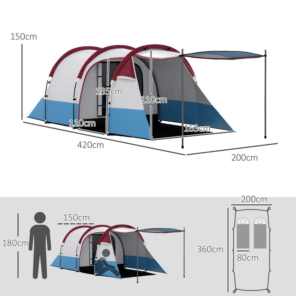 OUTSUNNY Tente de camping 2-3 pers. porche étanche 2000 mm 3 portes sac de transport rouge